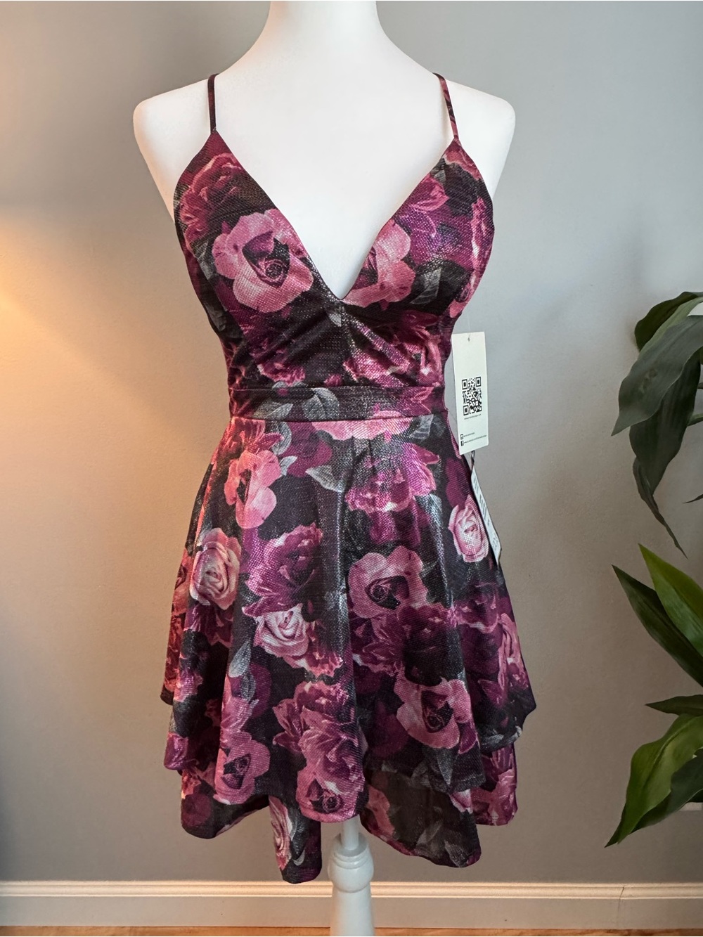 Emerald Sundae Rose Pink and Black Floral V-Neck Mini Dress- Size Small